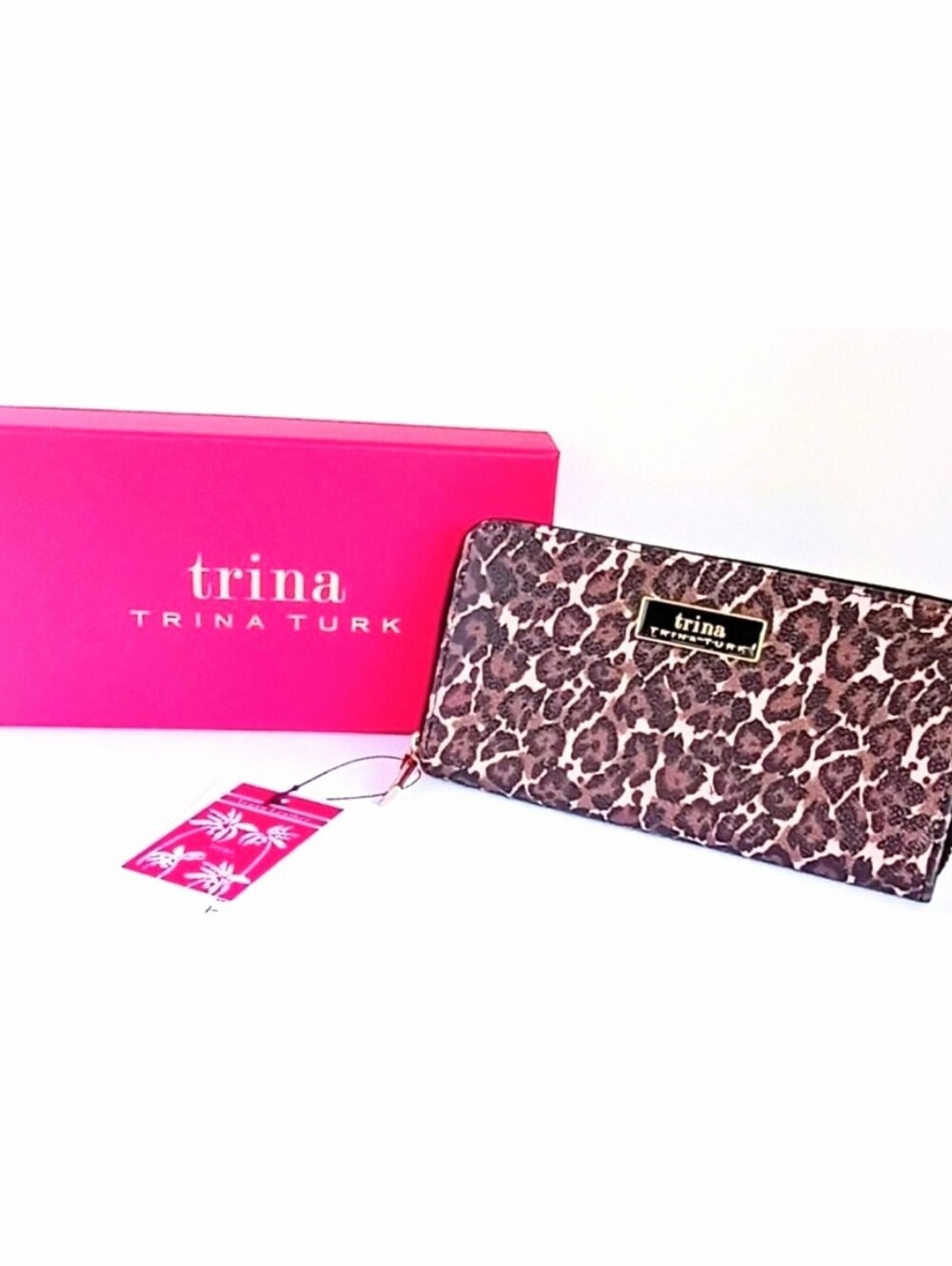 Trina Turk Leopard Print Zip Around Wallet NWT Pink Brown Gift Box